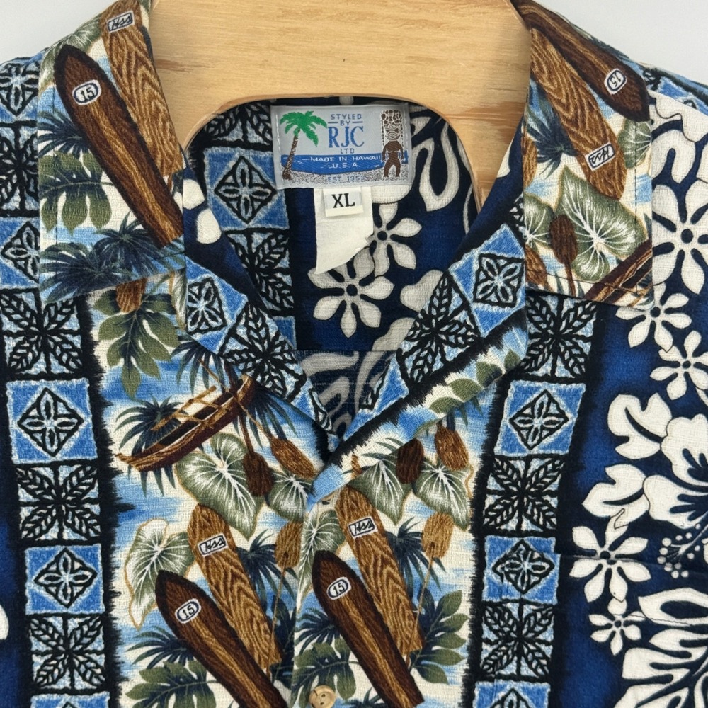 RJC Hawaiian Shirt Mens XL Blue White Hibiscus Surfboard Made in Hawaii USA